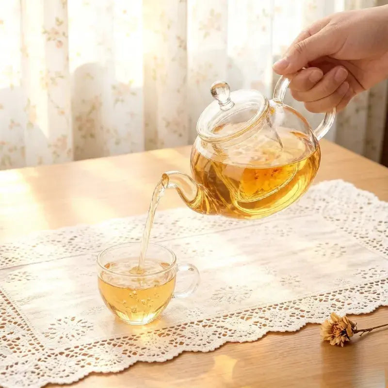 600Ml Constant Temperature Heated Glass Kettle Tea Set Glass Teapot with 6 round Handle Cups Round/Heart Base & Filter Inner Liner Transparent Flower Tea Pot Gift Box for Fruit Beauty Herbal Tea Coffee Perfect for Home Use