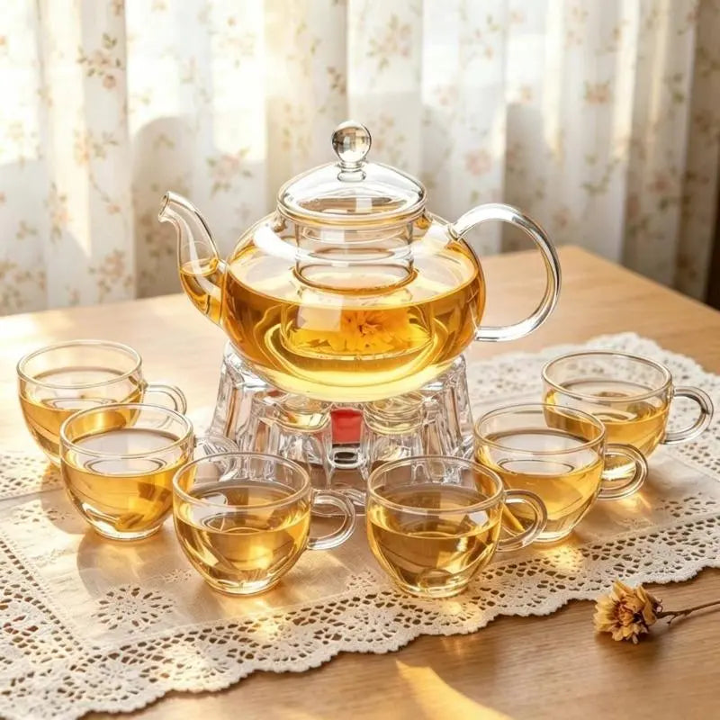 600Ml Constant Temperature Heated Glass Kettle Tea Set Glass Teapot with 6 round Handle Cups Round/Heart Base & Filter Inner Liner Transparent Flower Tea Pot Gift Box for Fruit Beauty Herbal Tea Coffee Perfect for Home Use