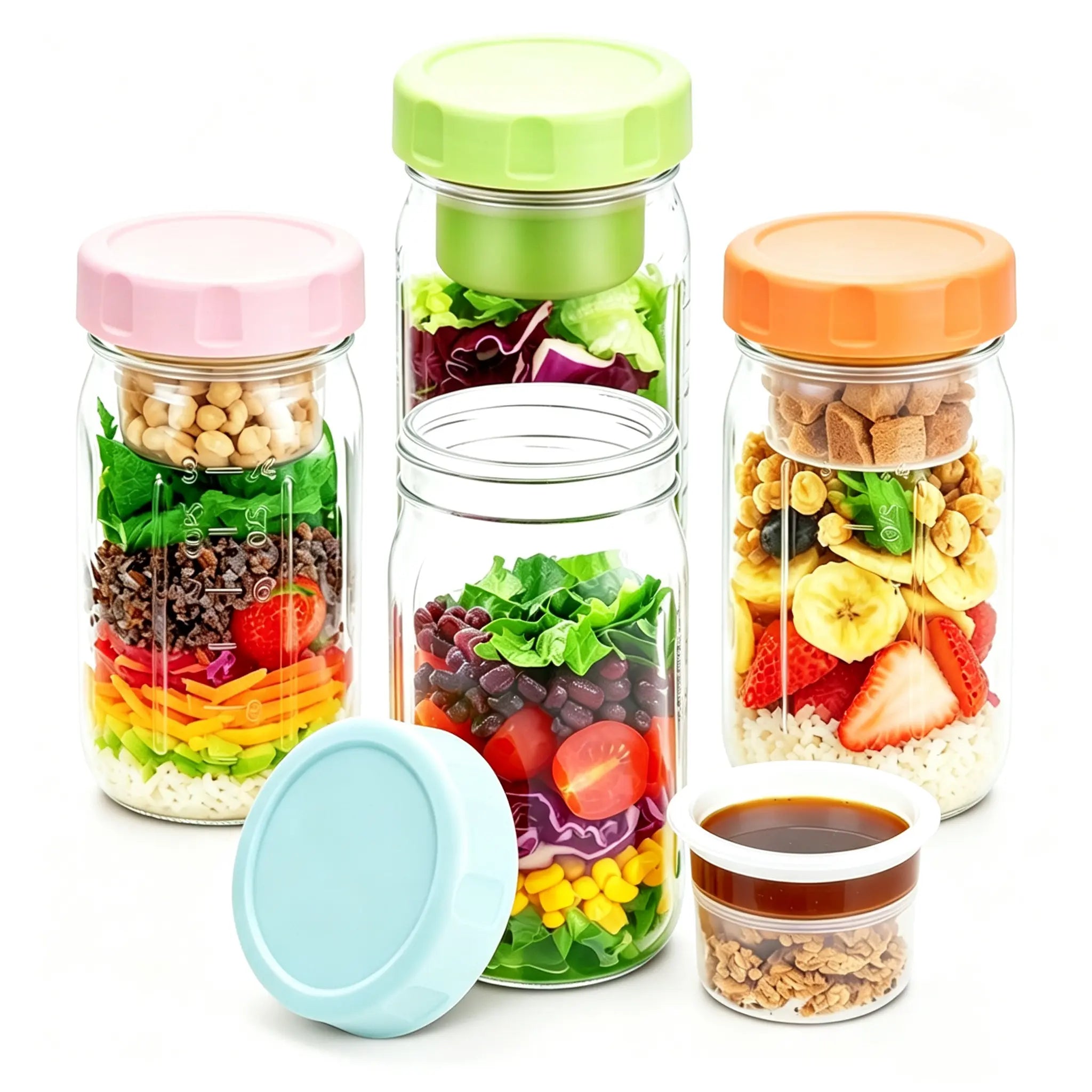 4-Pack 32Oz Airtight Sealable Glass Salad Jars with Screw-On Lids - Kitchen Food Storage Containers, Built-In Wet/Dry Separation Boxes, Meal Prep Containers for Work Lunches, Fridge-Friendly, Customizable