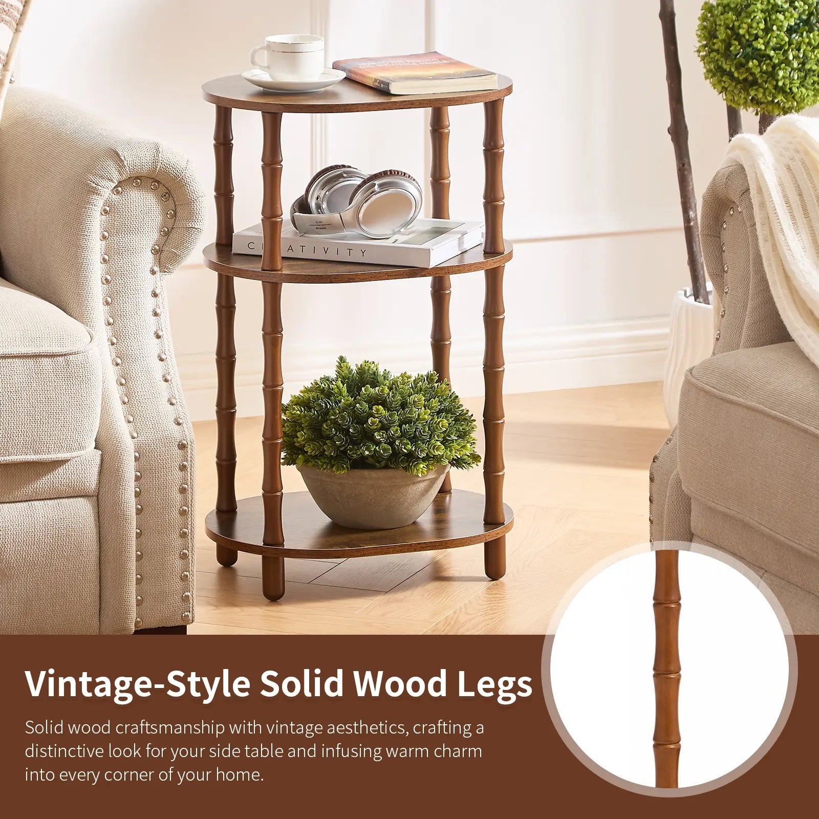 Rustic Brown round End Table with 3-Tier Storage, Nightstand for Bedroom, Side Table for Living Room, Small Coffee Table for Apartments, 15.7" × 11.6" × 24.4"
