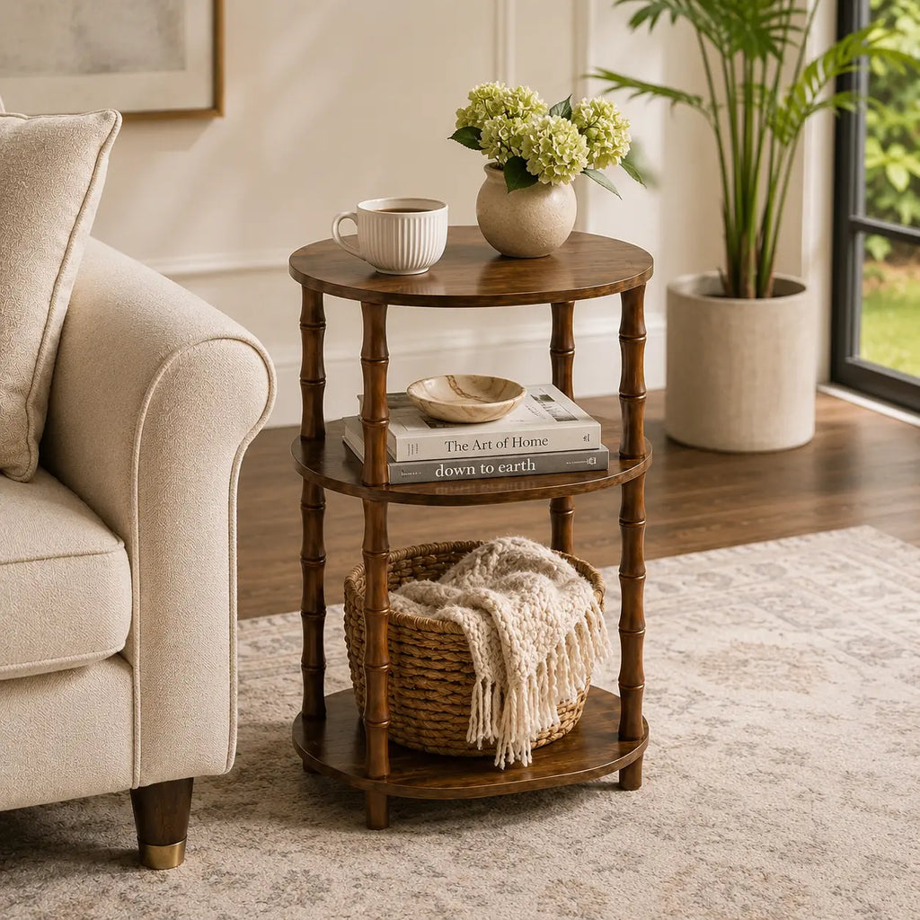 Rustic Brown round End Table with 3-Tier Storage, Nightstand for Bedroom, Side Table for Living Room, Small Coffee Table for Apartments, 15.7" × 11.6" × 24.4"