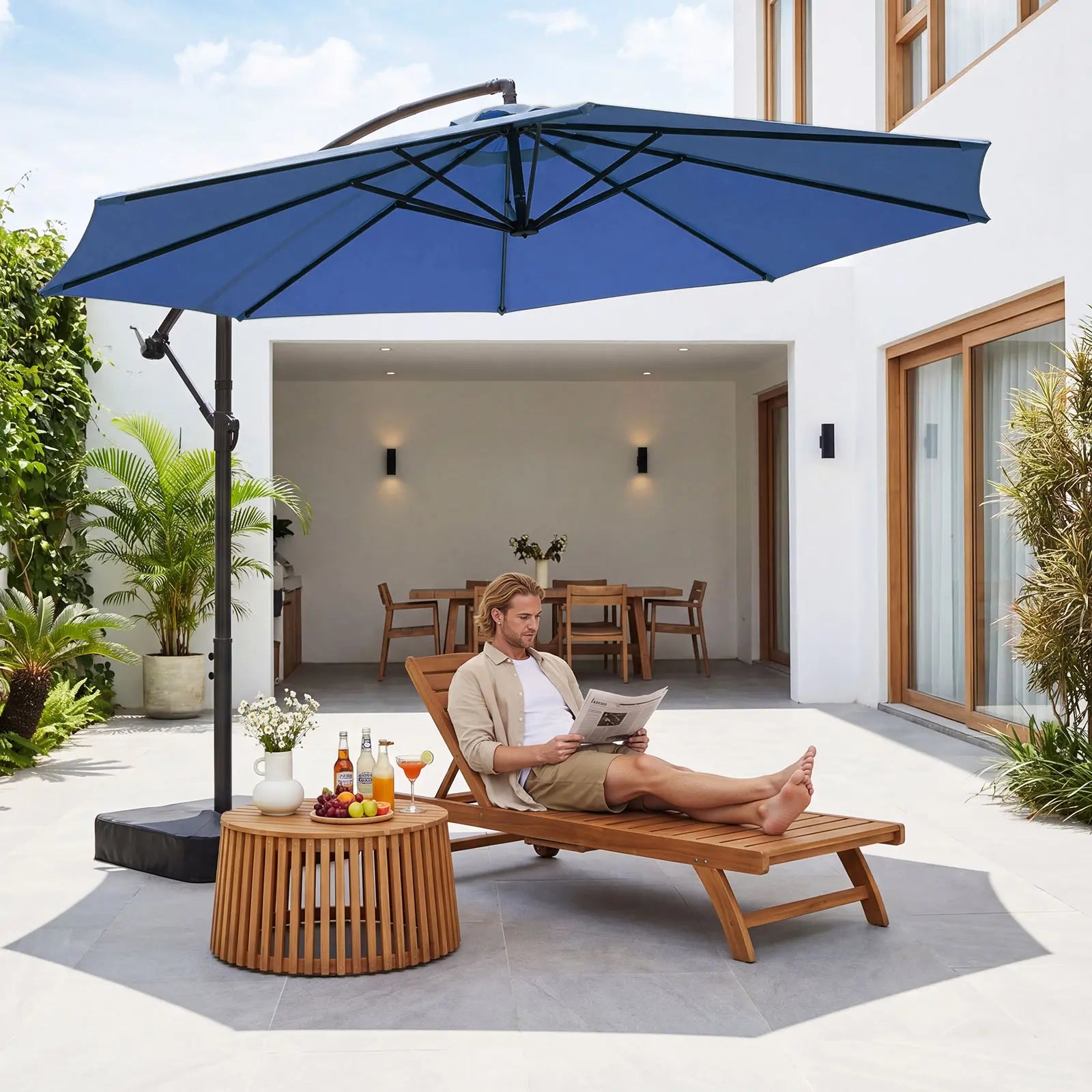 Docred Heavy Duty Cantilever Offset Patio Umbrella with Base Included, 10FT Patio Outdoor Umbrella with 360° Rotation & Infinite Tilt, Patio Furniture Sets, Yarn-Dyed Fade-Resistant Canopy, 8-Rib Steel Frame for Patio, Pool, Deck, Sombr, Camping, Backyard